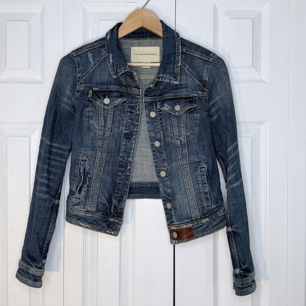 Anthropologie Pilcro & Letterpress Denim MediumWash Distressed Trucker Jacket-XS